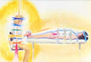 Illustration à l'aquarelle de Barbara Ann Brennan représentant l'expression énergétique d'un soin avec la différence entre l'état de santé des chacras du patient et de l'accompagnant. On voit un champ très faible autour du patient et un champ dynamique autour du soignant.